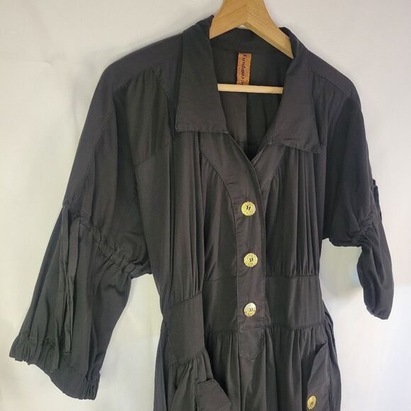 Button Down Belted Soft Black Dress - Picture 4 of 15